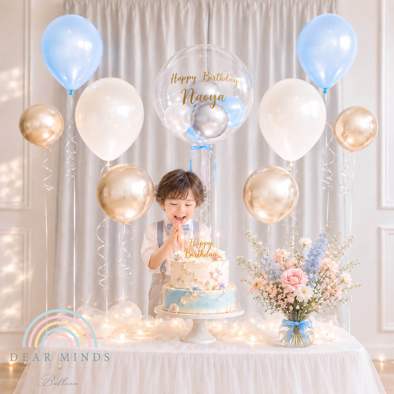 男の子の誕生日を彩る、ライトブルーとホワイトのバルーン装飾